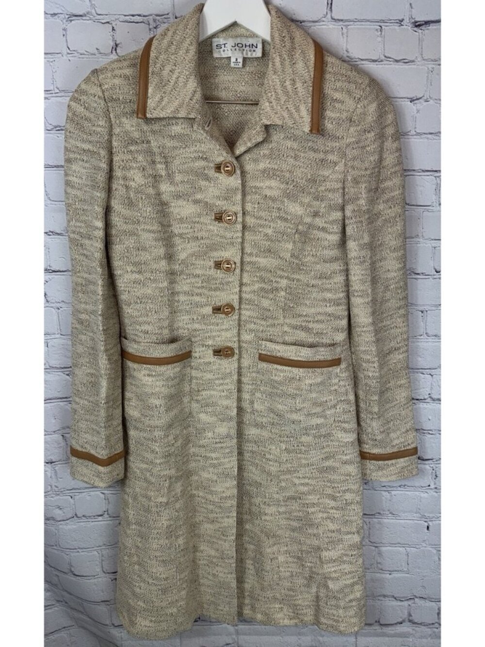 ST. JOHN Women’s Knit Tan Metallic Gold Jacket Leather Trim Size 2